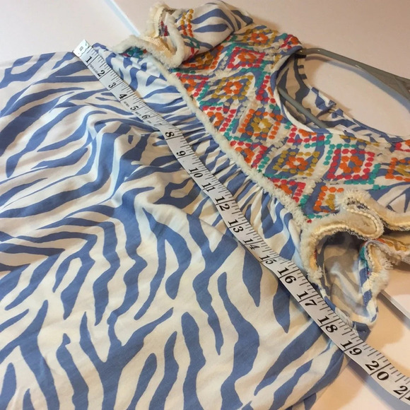 THML Anthropologie Embroidered Animal Print Blue Striped Boho Top Fringe Small - Picture 10 of 11
